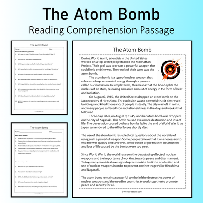 The Atom Bomb | Reading Comprehension Passage Printable Worksheet