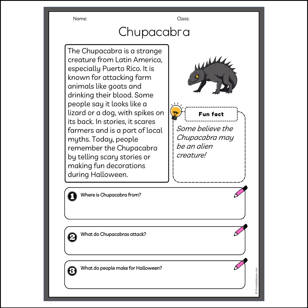 Chupacabra | Reading Passage Comprehension Questions Writing Facts Worksheet