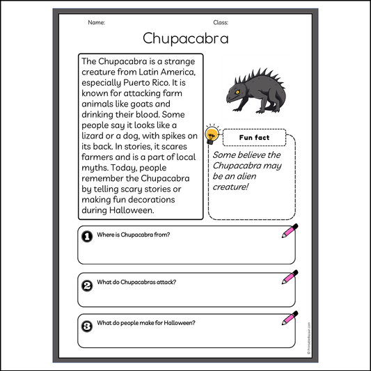 Chupacabra | Reading Passage Comprehension Questions Writing Facts Worksheet