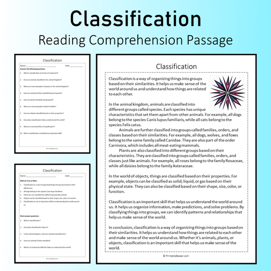 Classification | Reading Comprehension Passage Printable Worksheet