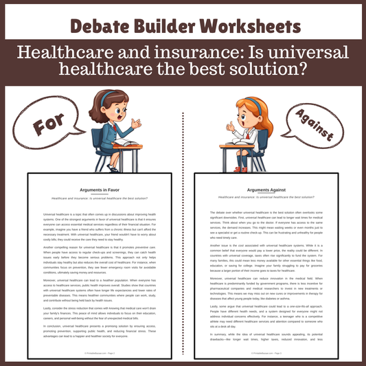 Healthcare and insurance: Is universal healthcare the best solution? | Favour and Against Worksheet Printable Activity
