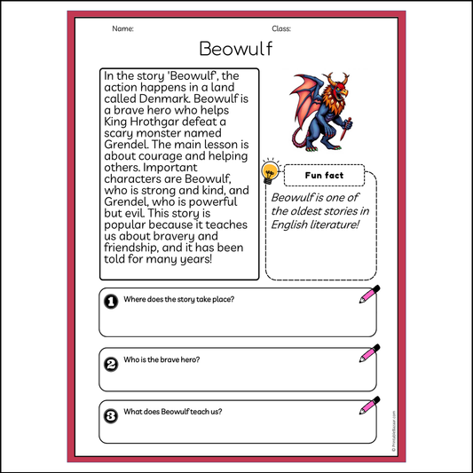 Beowulf | Reading Passage Comprehension Questions Writing Facts Worksheet