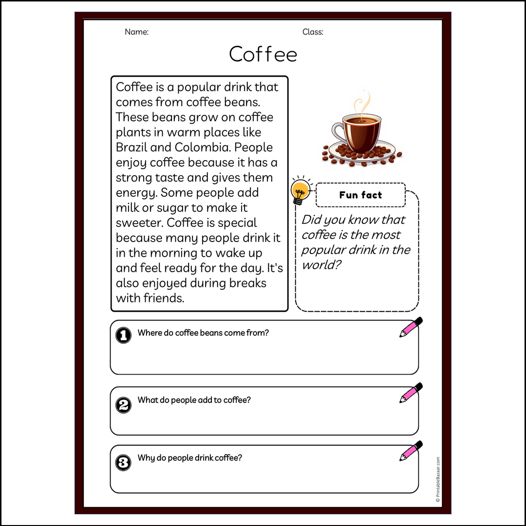 Coffee | Reading Passage Comprehension Questions Writing Facts Worksheet