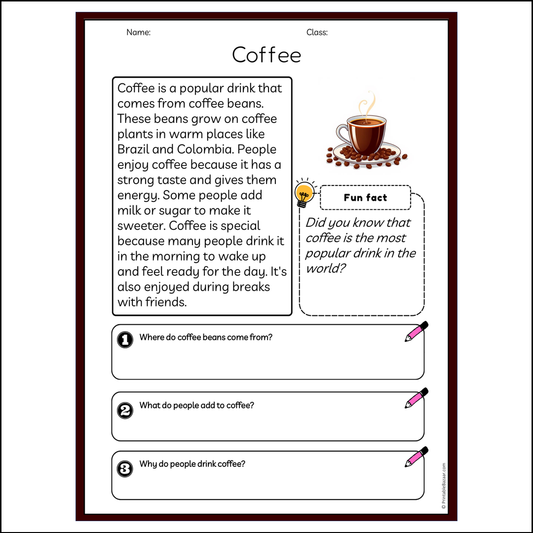 Coffee | Reading Passage Comprehension Questions Writing Facts Worksheet