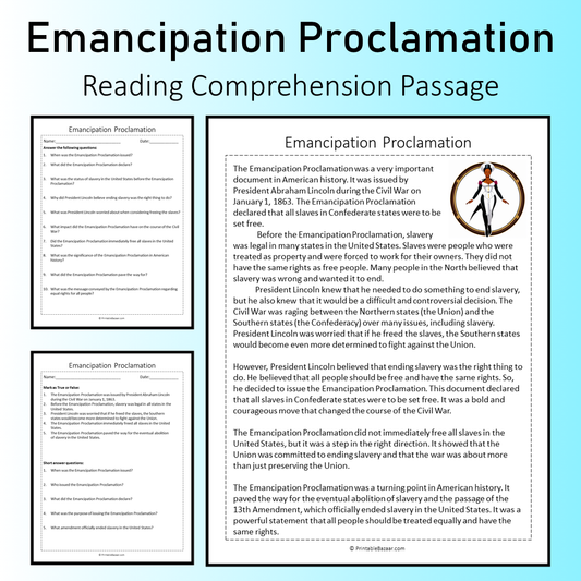 Emancipation Proclamation | Reading Comprehension Passage Printable Worksheet