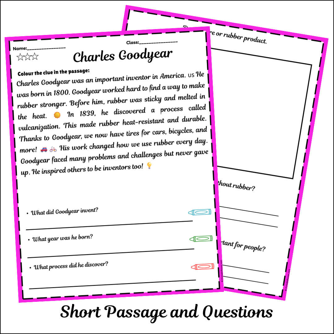 Charles Goodyear | Short Reading Comprehension Creative Worksheet