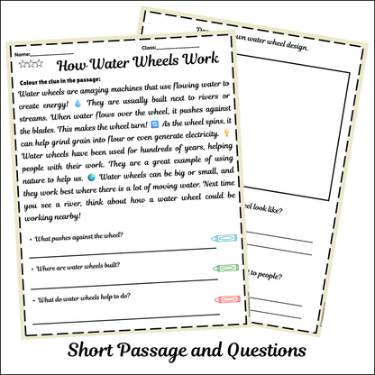 How Water Wheels Work | Short Reading Comprehension Creative Worksheet