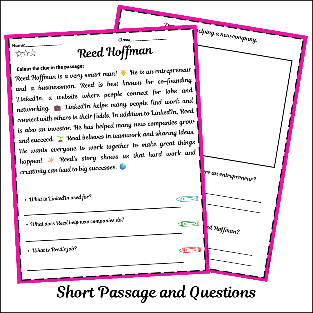 Reed Hoffman | Short Reading Comprehension Creative Worksheet