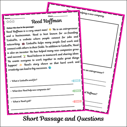 Reed Hoffman | Short Reading Comprehension Creative Worksheet