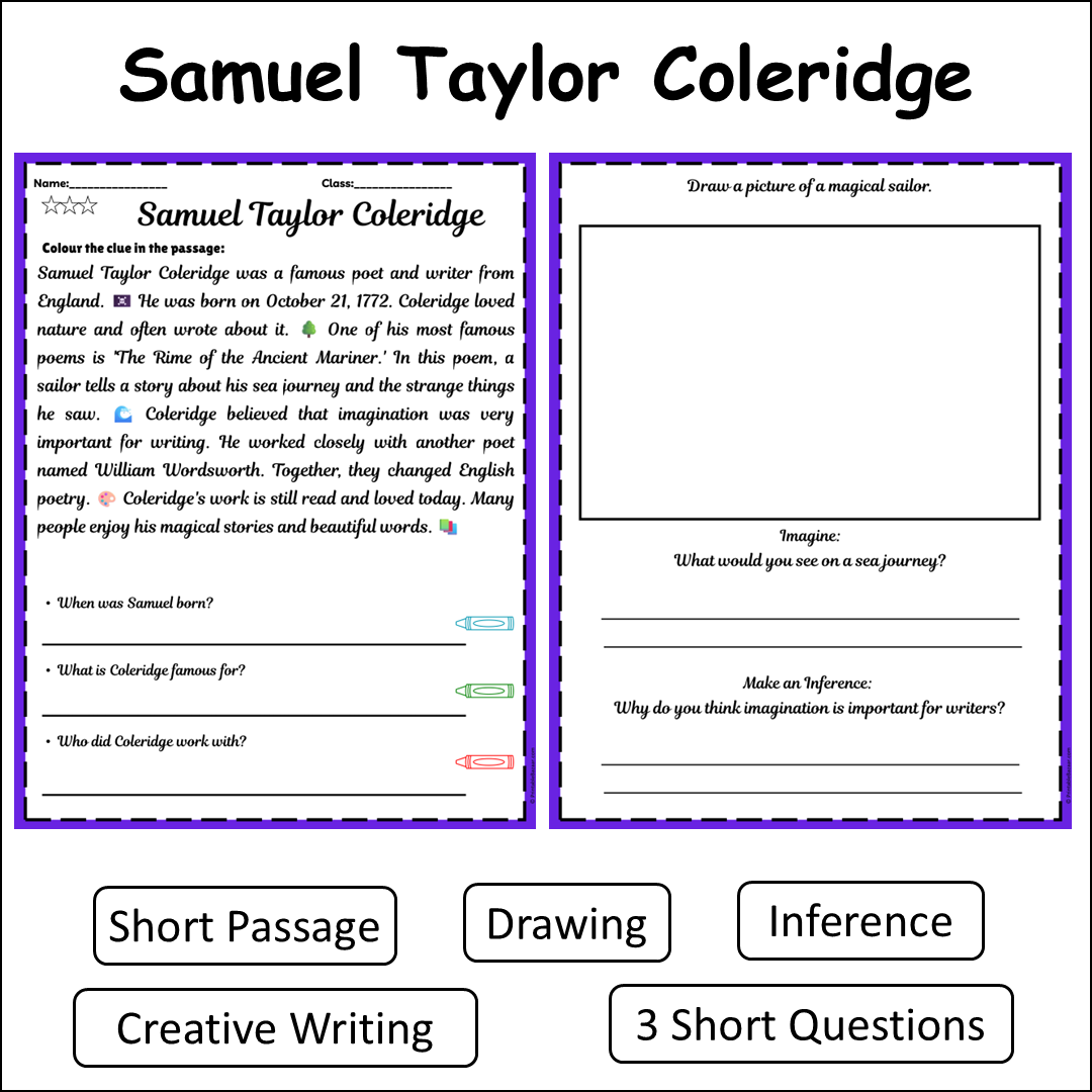 Samuel Taylor Coleridge | Short Reading Comprehension Creative Worksheet
