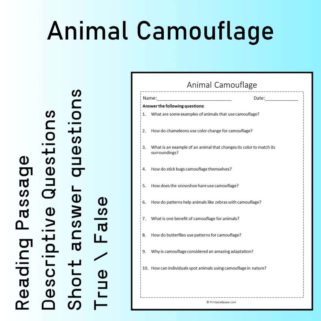 Animal Camouflage | Reading Comprehension Passage Printable Worksheet