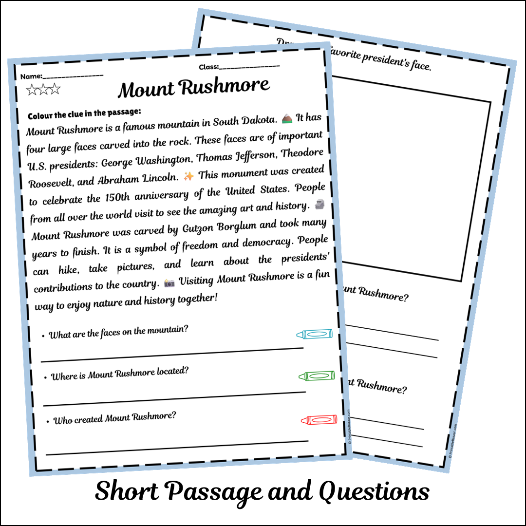 Mount Rushmore | Short Reading Comprehension Creative Worksheet
