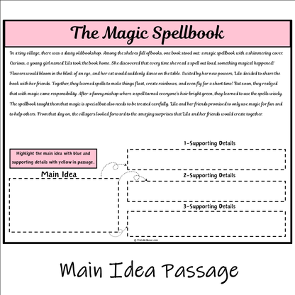 The Magic Spellbook | Main Idea and Supporting Details Reading Passage and Questions