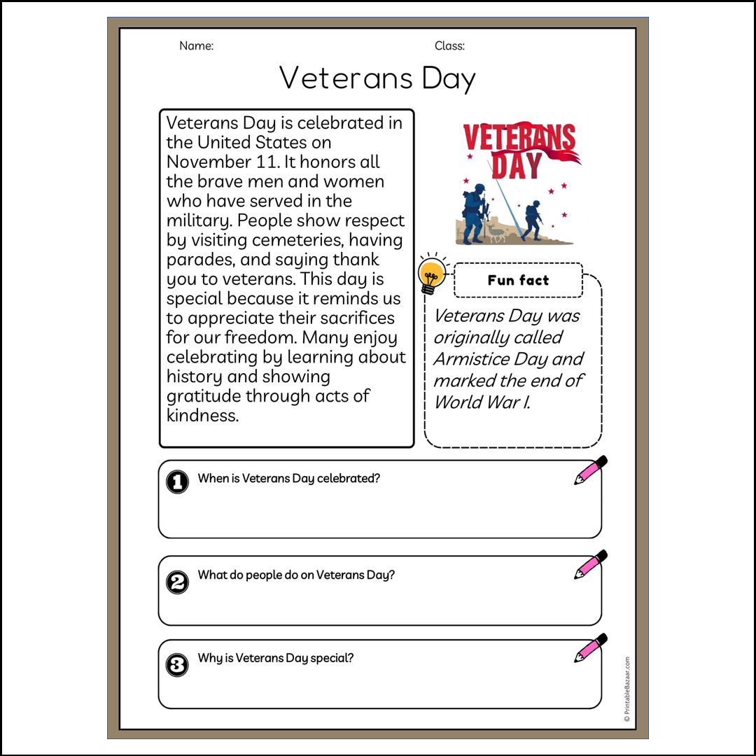 Veterans Day | Reading Passage Comprehension Questions Writing Facts Worksheet