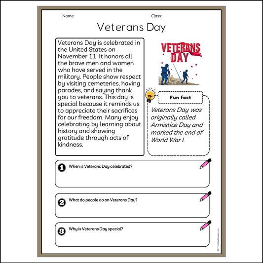 Veterans Day | Reading Passage Comprehension Questions Writing Facts Worksheet