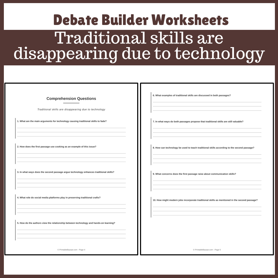 Traditional skills are disappearing due to technology | Favour and Against Worksheet Printable Activity