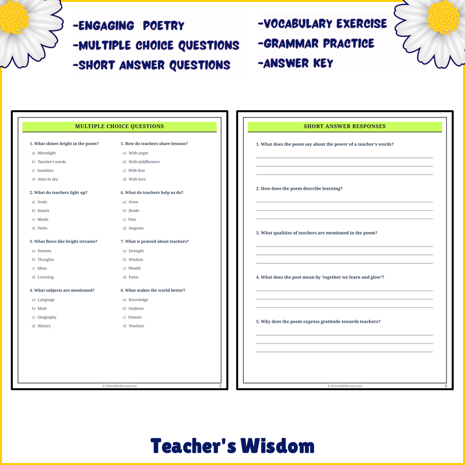 Teacher's Wisdom | Poem Grammar Worksheet Printable Activity