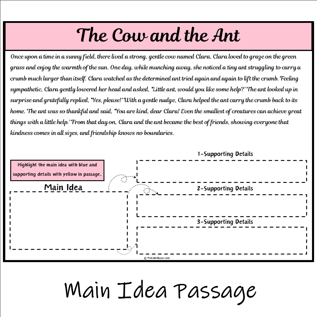 The Cow and the Ant | Main Idea and Supporting Details Reading Passage and Questions