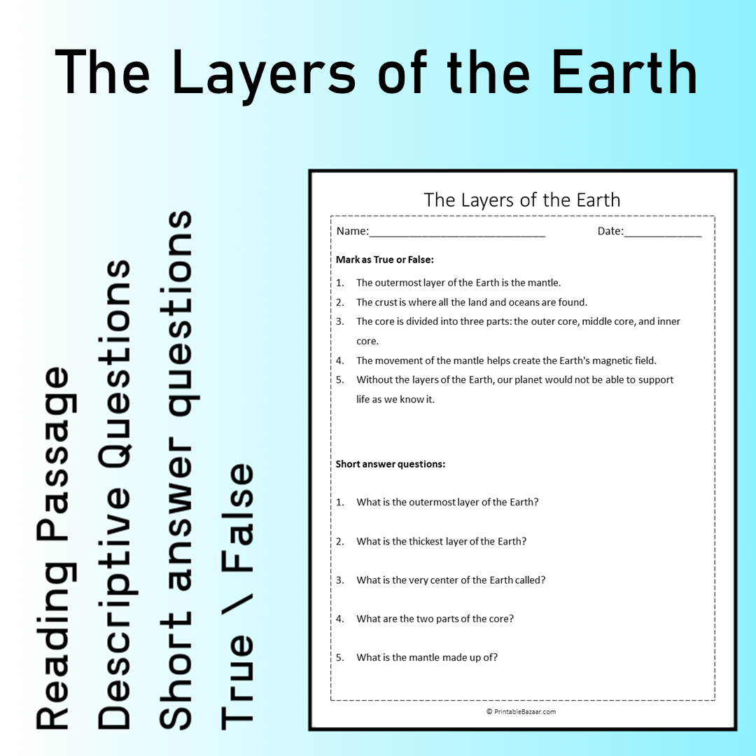 The Layers of the Earth | Reading Comprehension Passage Printable Worksheet