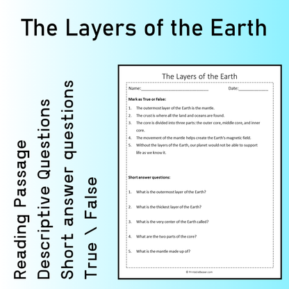 The Layers of the Earth | Reading Comprehension Passage Printable Worksheet