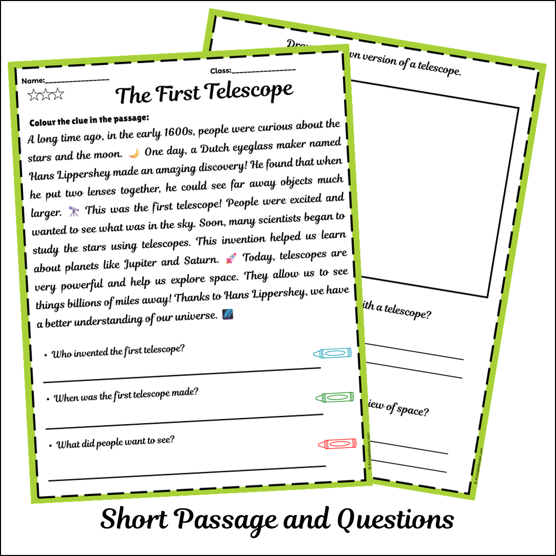 The First Telescope | Short Reading Comprehension Creative Worksheet