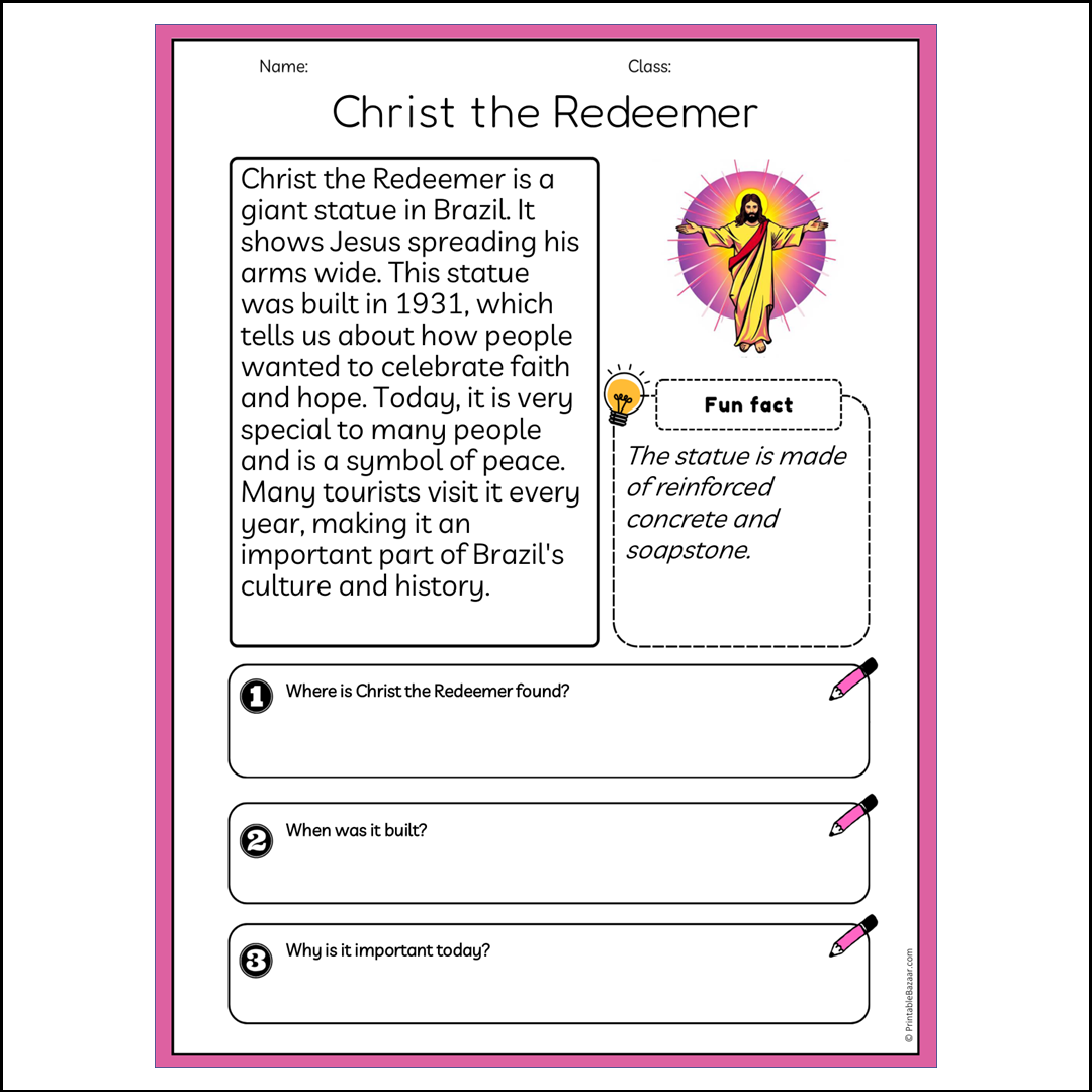 Christ the Redeemer | Reading Passage Comprehension Questions Writing Facts Worksheet