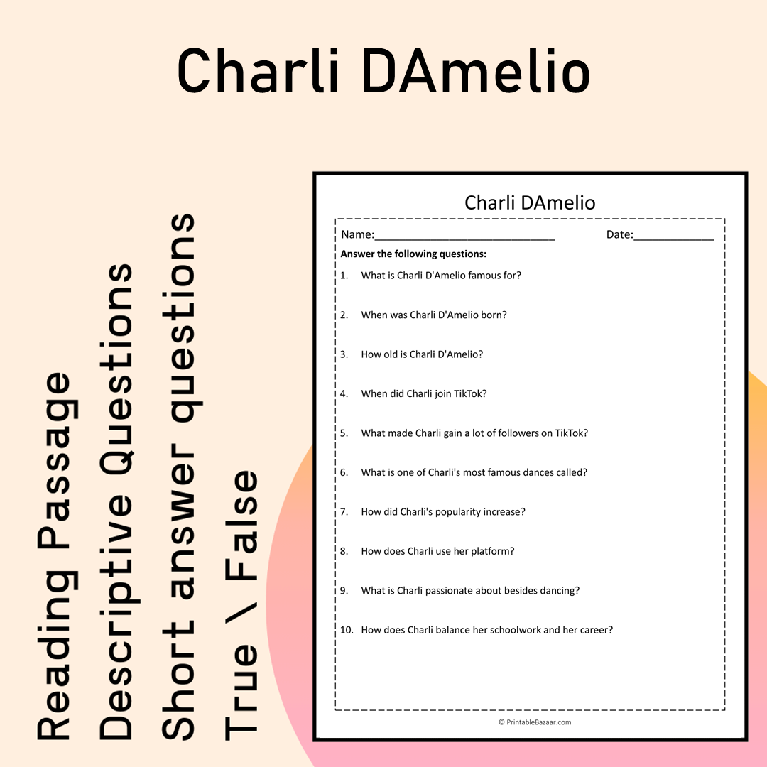 Charli DAmelio | Reading Comprehension Passage Printable Activity