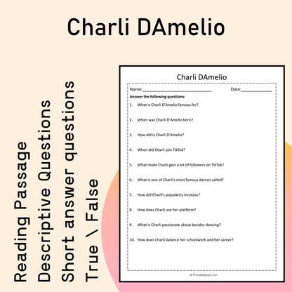 Charli DAmelio | Reading Comprehension Passage Printable Activity