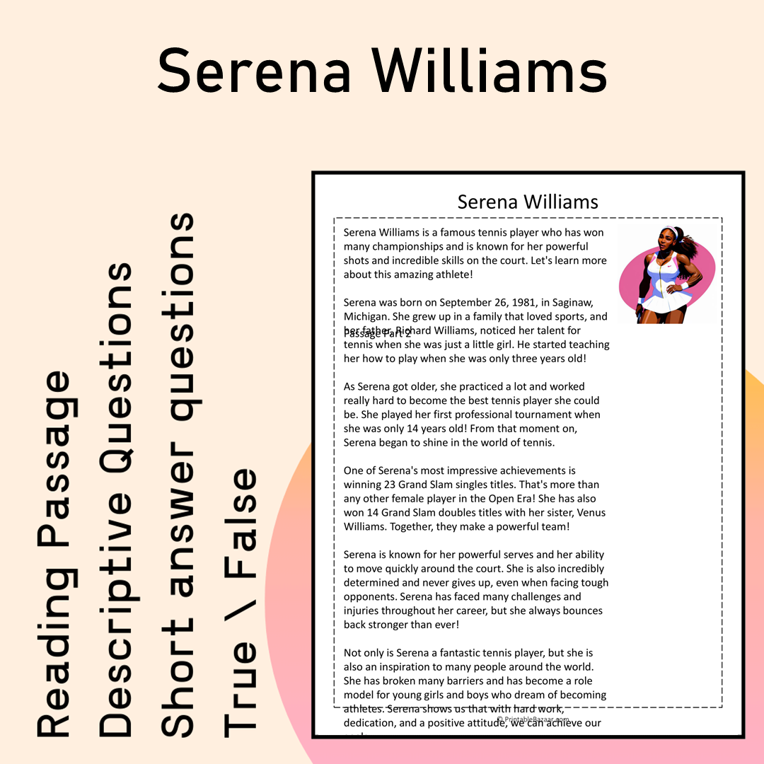 Serena Williams | Reading Comprehension Passage Printable Activity