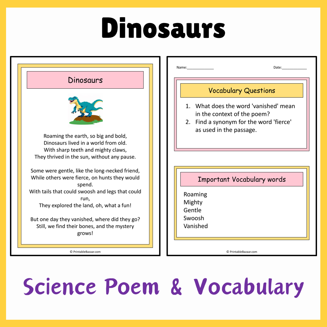 Dinosaurs | Science Poem Reading Comprehension Activity