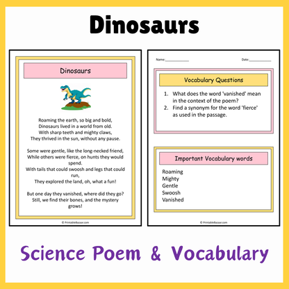 Dinosaurs | Science Poem Reading Comprehension Activity