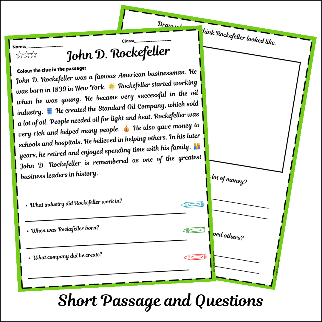 John D. Rockefeller | Short Reading Comprehension Creative Worksheet