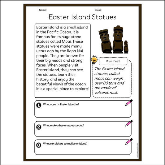 Easter Island Statues | Reading Passage Comprehension Questions Writing Facts Worksheet