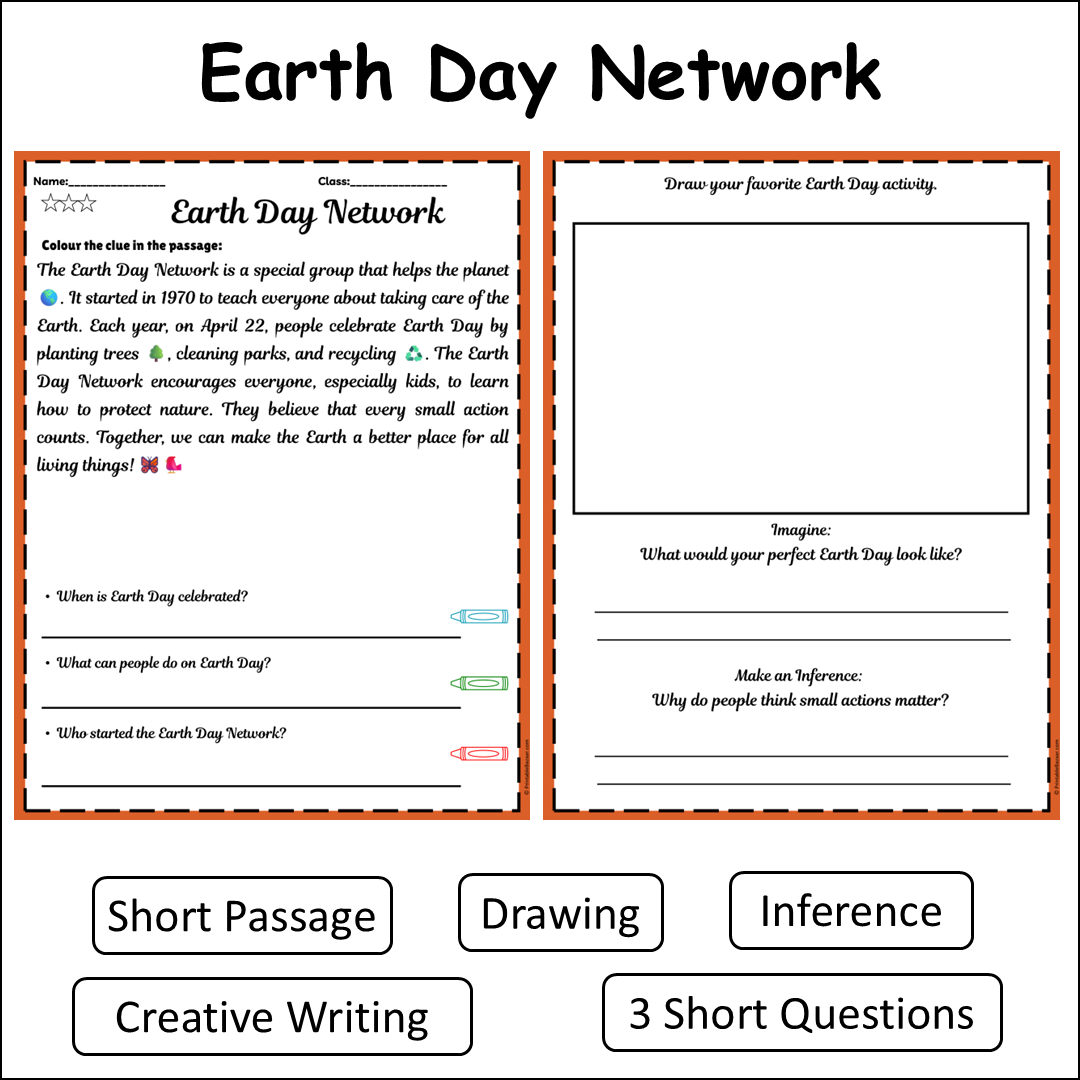 Earth Day Network | Short Reading Comprehension Creative Worksheet