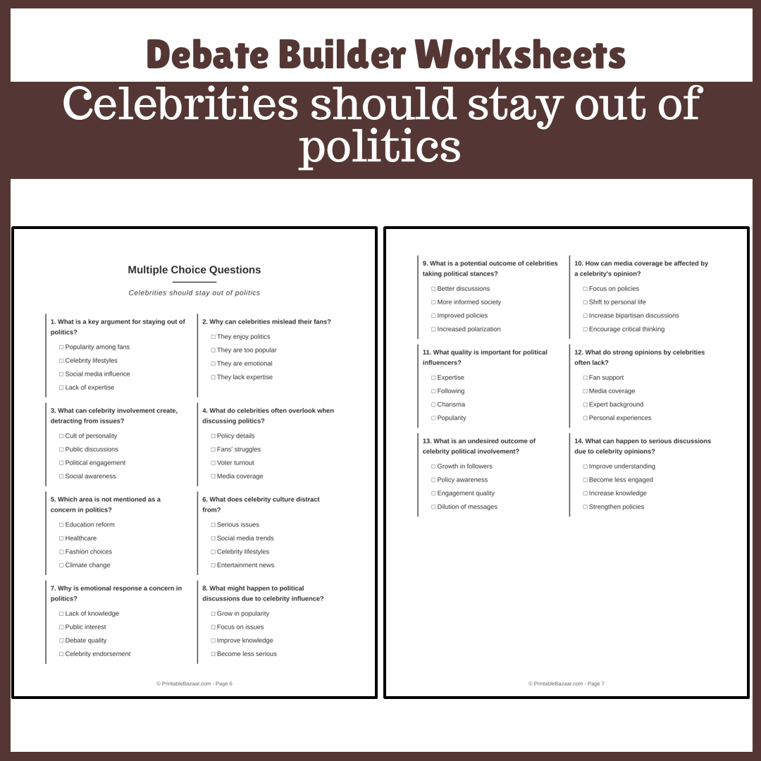 Celebrities should stay out of politics | Favour and Against Worksheet Printable Activity