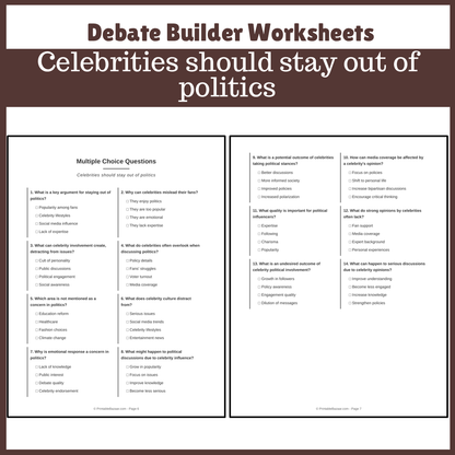 Celebrities should stay out of politics | Favour and Against Worksheet Printable Activity