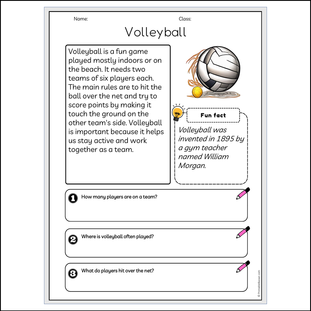 Volleyball | Reading Passage Comprehension Questions Writing Facts Worksheet