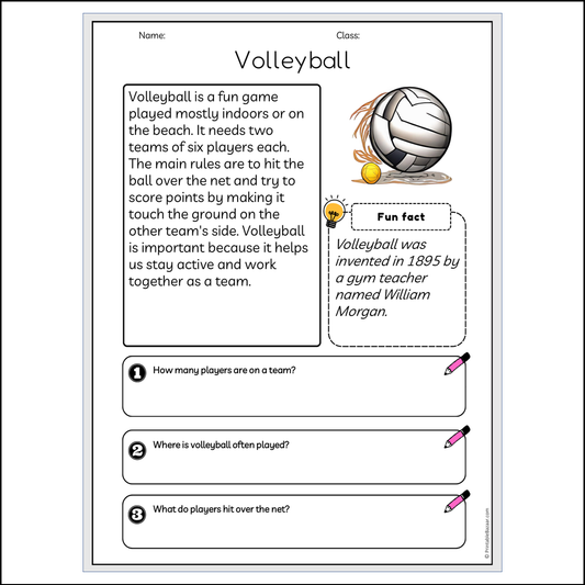 Volleyball | Reading Passage Comprehension Questions Writing Facts Worksheet