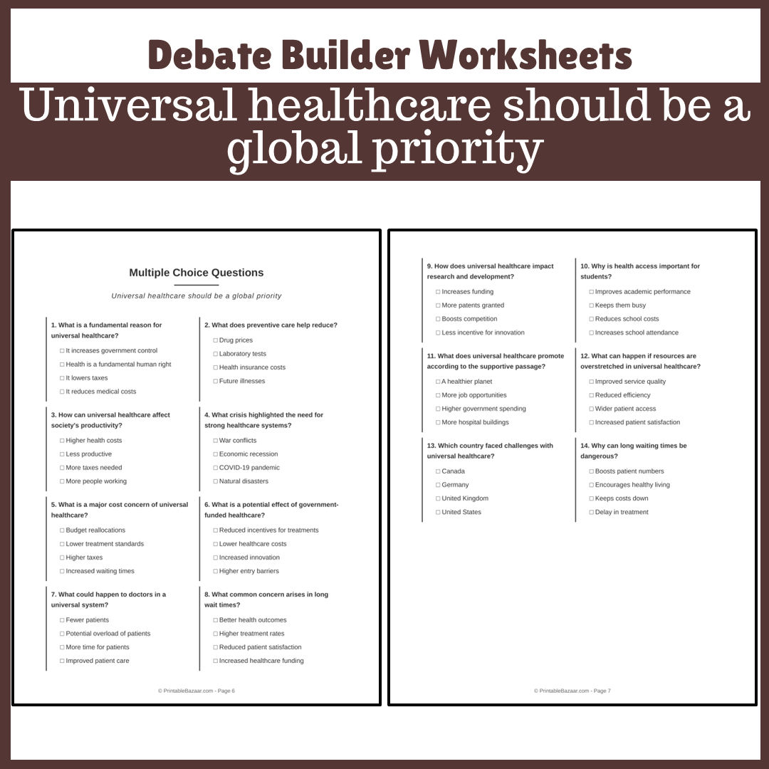 Universal healthcare should be a global priority | Favour and Against Worksheet Printable Activity