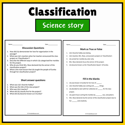 Classification | Science Story Reading Comprehension Activity