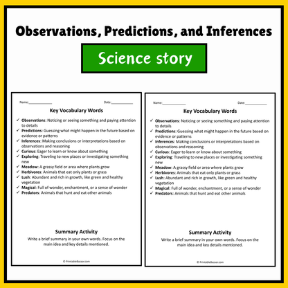 Observations, Predictions, and Inferences | Science Story Reading Comprehension Activity