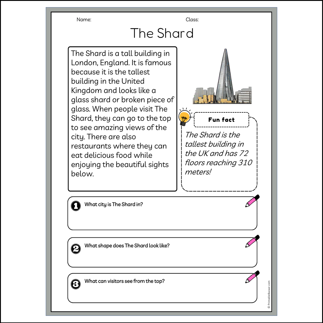 The Shard | Reading Passage Comprehension Questions Writing Facts Worksheet