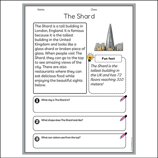 The Shard | Reading Passage Comprehension Questions Writing Facts Worksheet