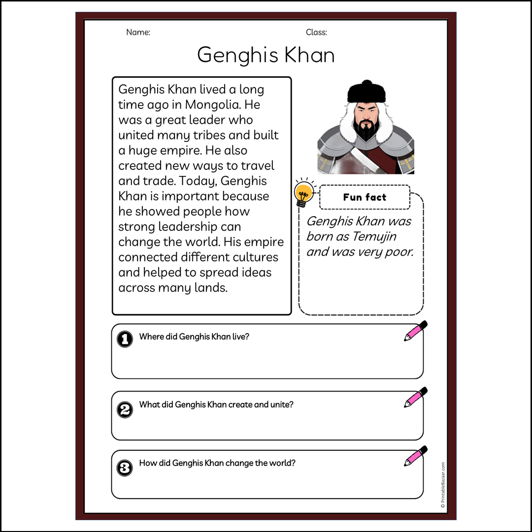 Genghis Khan | Reading Passage Comprehension Questions Writing Facts Worksheet