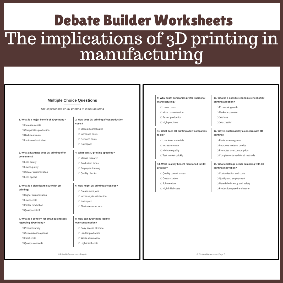 The implications of 3D printing in manufacturing | Favour and Against Worksheet Printable Activity