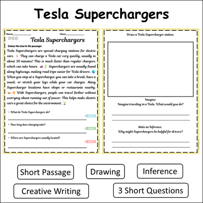 Tesla Superchargers | Short Reading Comprehension Creative Worksheet