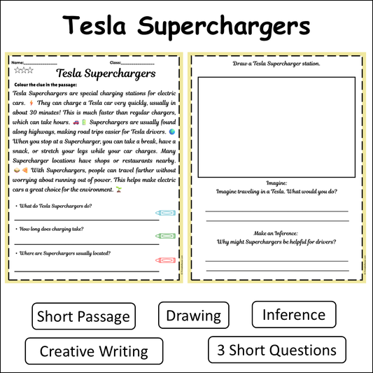 Tesla Superchargers | Short Reading Comprehension Creative Worksheet