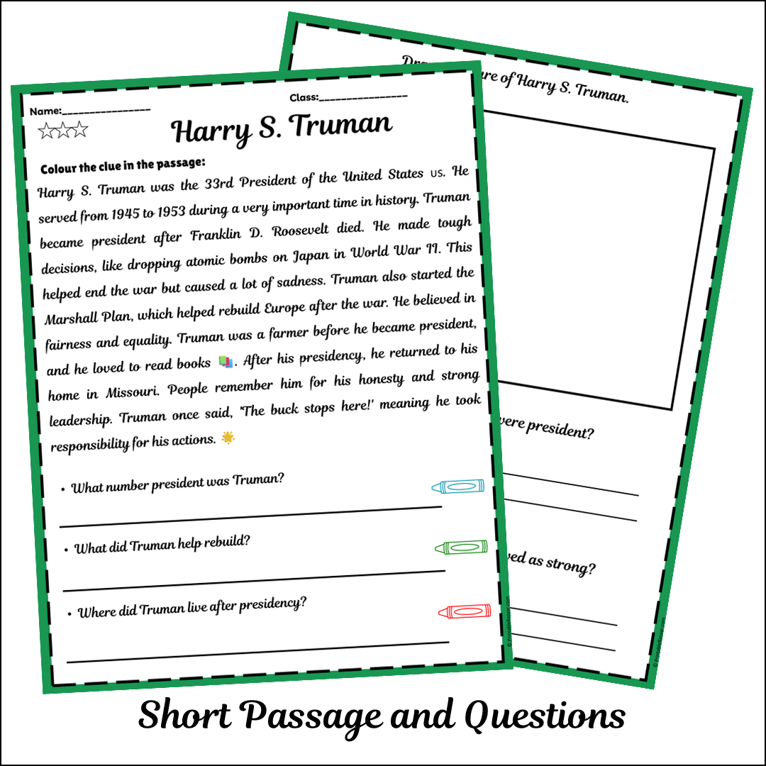 Harry S. Truman | Short Reading Comprehension Creative Worksheet