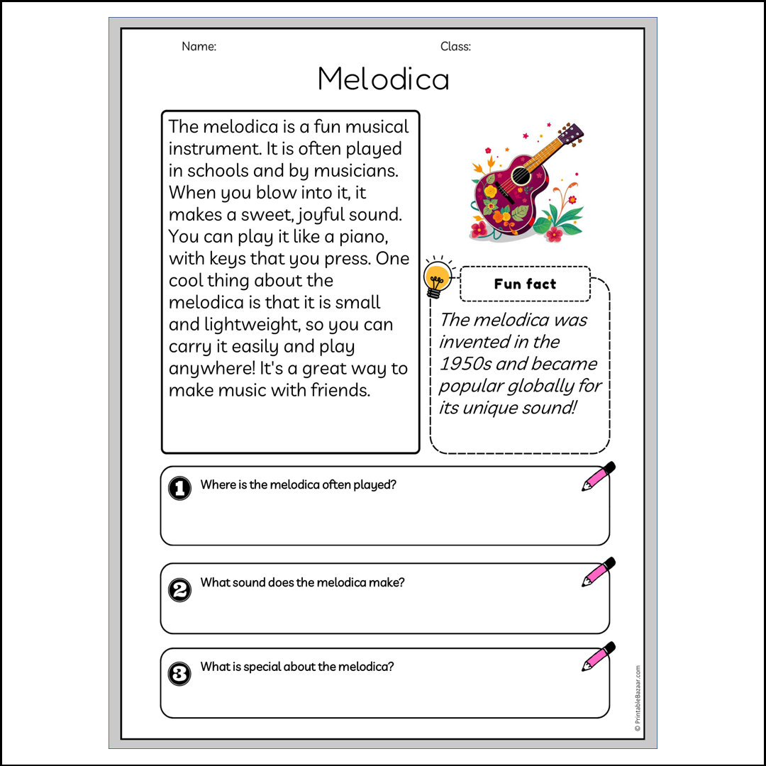 Melodica | Reading Passage Comprehension Questions Writing Facts Worksheet