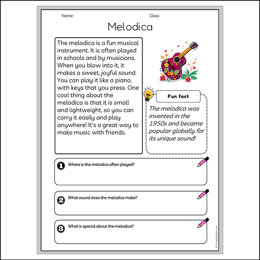 Melodica | Reading Passage Comprehension Questions Writing Facts Worksheet